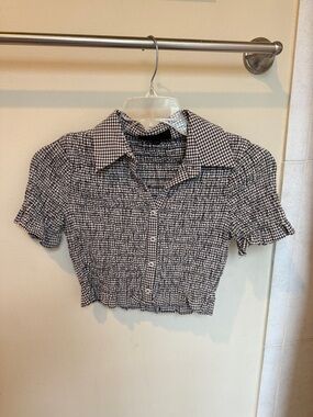 Zara Brown & White Gingham Smocked Cropped Button Top